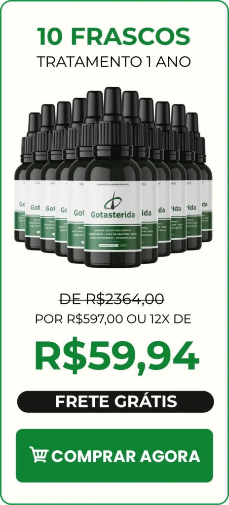 Kit econômico com 10 frascos de Gotasterida, indicado para tratamentos prolongados que visam combater a calvície de forma contínua