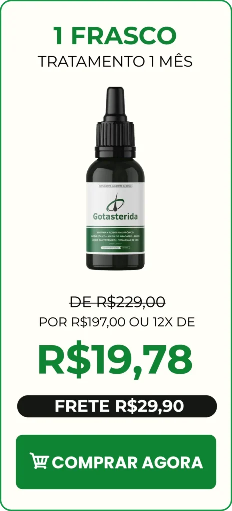 Frasco de Gotasterida, suplemento natural para iniciar o combate à calvície e estimular o crescimento capilar