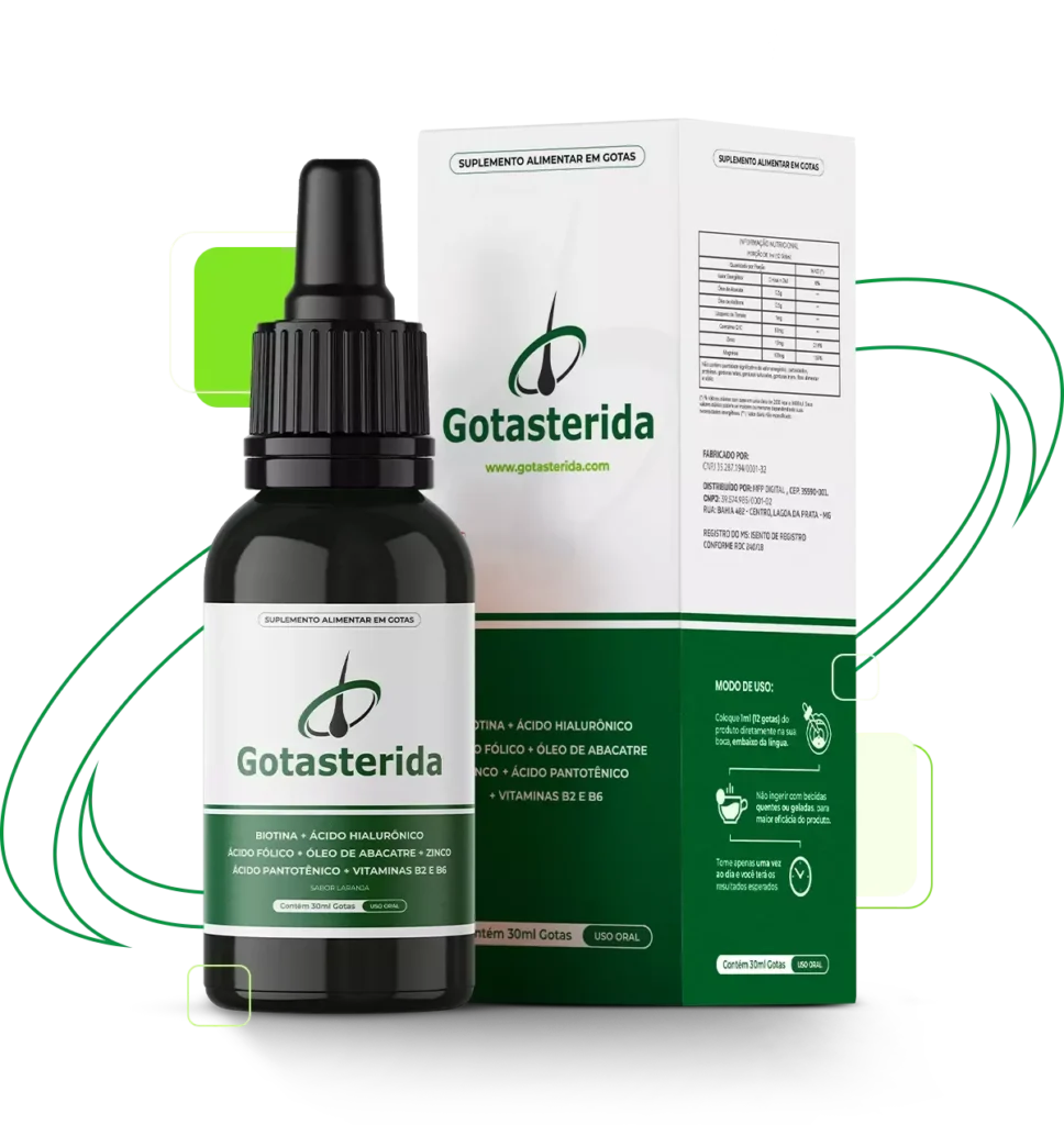 Frasco de Gotasterida, suplemento natural para o tratamento da calvície, com fórmula exclusiva para estimular o crescimento capilar.